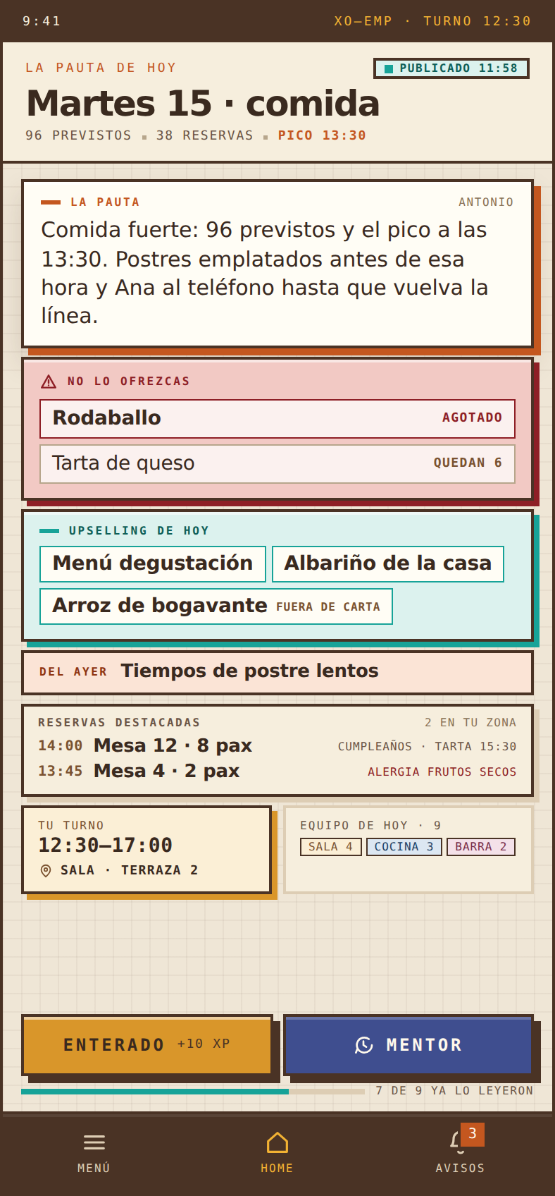 Briefing del empleado en el movil: la pauta de hoy, lo que no se ofrece y el upselling