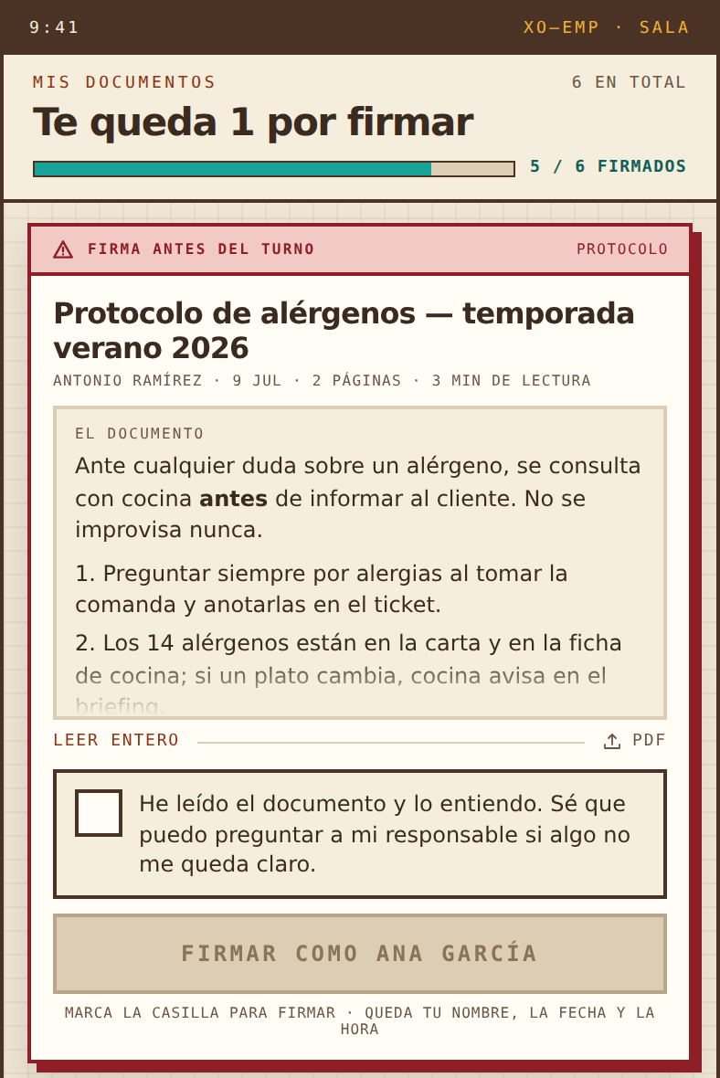 Documento por firmar en el movil del empleado, con la casilla de lectura y el boton de firmar