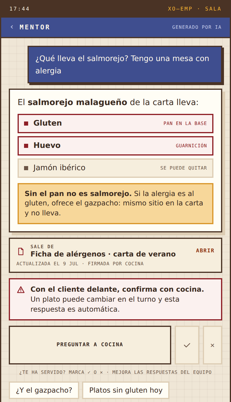 El Mentor respondiendo en el movil: los alergenos del plato, la alternativa, de que ficha sale el dato y el aviso de confirmar con cocina