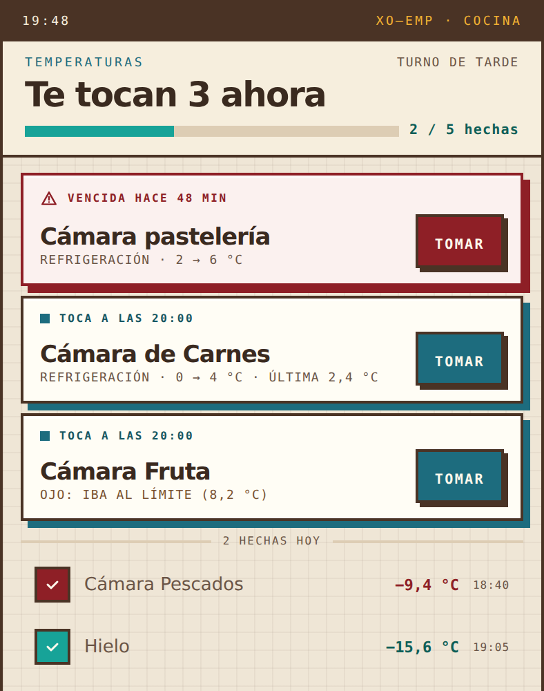 Temperaturas en el movil de cocina: cada camara con su rango, una toma vencida y las lecturas ya hechas con su hora