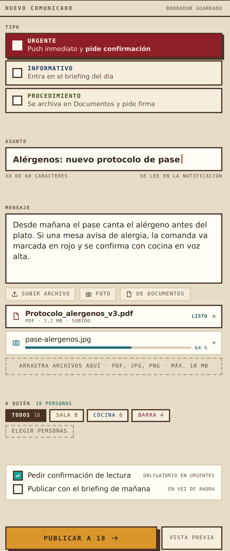Panel de nuevo comunicado: tipo, asunto, mensaje, a quien y confirmacion de lectura